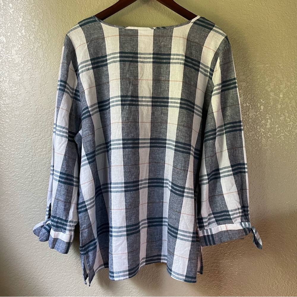 Liz Claiborne Womens XXL 2XL Linen Blend Blue Plaid Tunic 3/4 Tie Sleeve Blouse - Picture 7 of 10